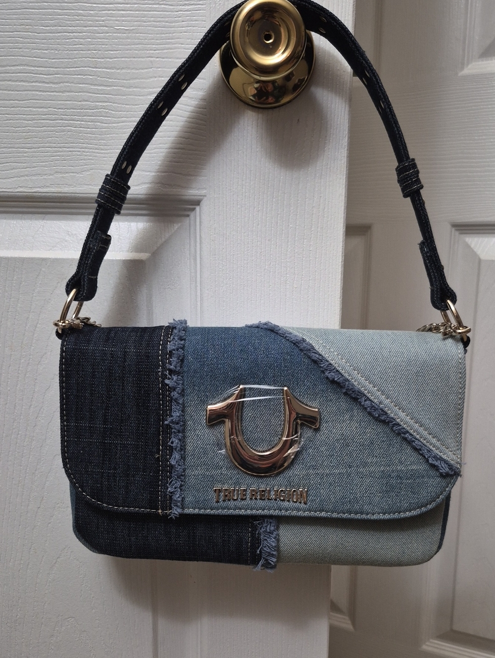 True Religion Two-Tone Denim Patchwork Shoulder Bag in Light and Dark Blue